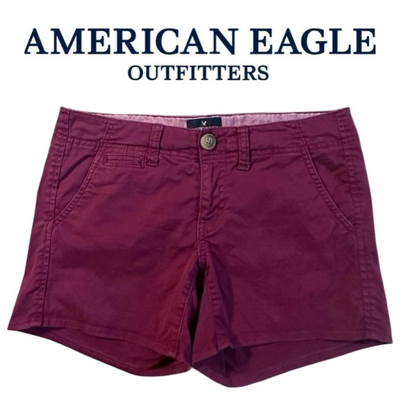 AMERICAN EAGLE OUTFITTERS Shortie Shorts Stretch 4" Chino Burgundy Maroon Wmn 4 - Picture 1 of 12